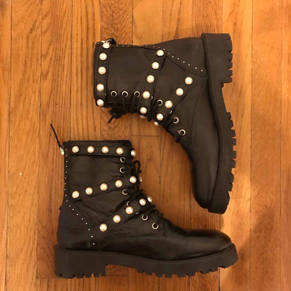 Zara Black Combat Boots with Faux Pearls